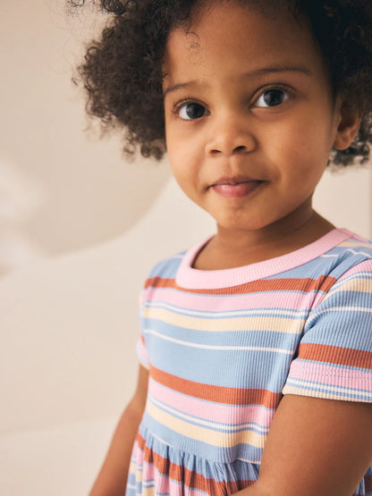 |Girl| Vestido Canelado De Manga Curta Com Listras Azuis e Rosas (3 meses a 7 anos)