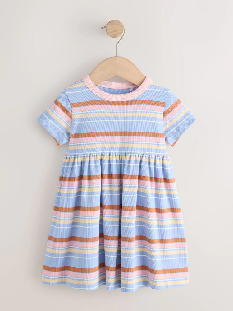 |Girl| Vestido Canelado De Manga Curta Com Listras Azuis e Rosas (3 meses a 7 anos)