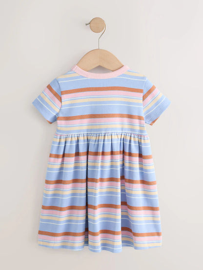 |Girl| Vestido Canelado De Manga Curta Com Listras Azuis e Rosas (3 meses a 7 anos)