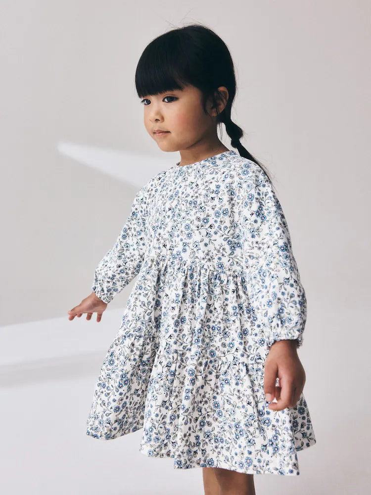 |Girl| Vestido de Manga Longa com Babados e Estampa Floral Miúda – Cru e Azul (3 meses a 7 anos)