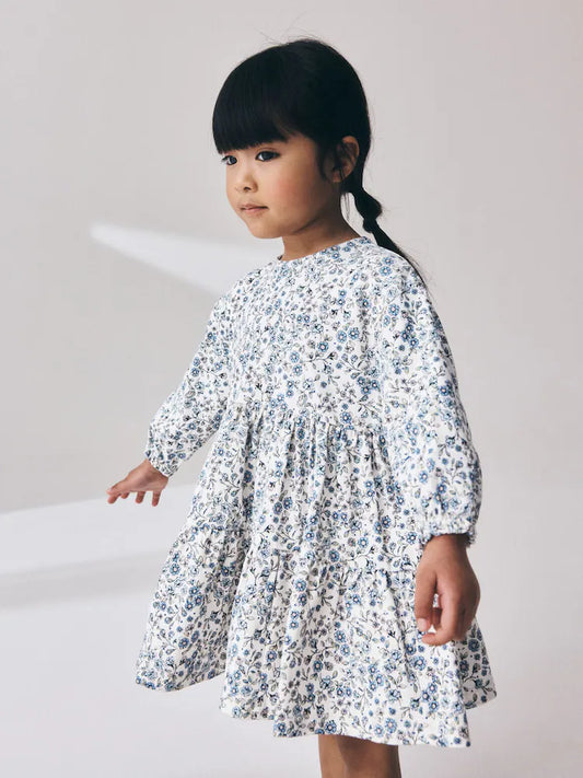 |Girl| Vestido de Manga Longa com Babados e Estampa Floral Miúda – Cru e Azul (3 meses a 7 anos)