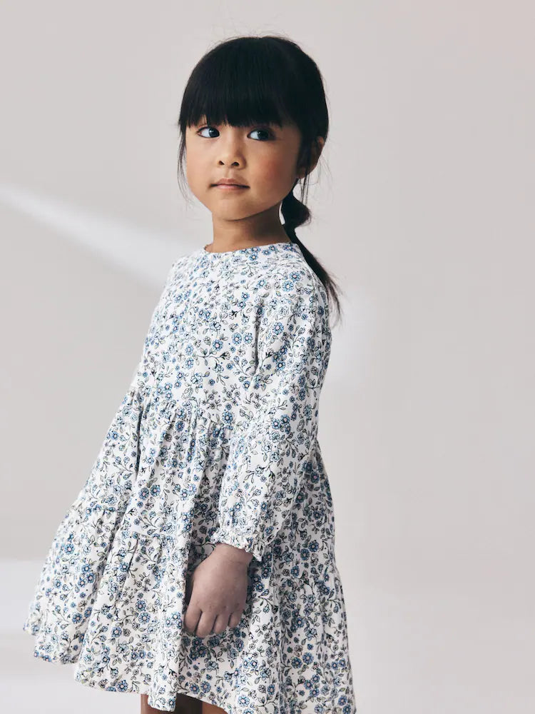 |Girl| Vestido de Manga Longa com Babados e Estampa Floral Miúda – Cru e Azul (3 meses a 7 anos)