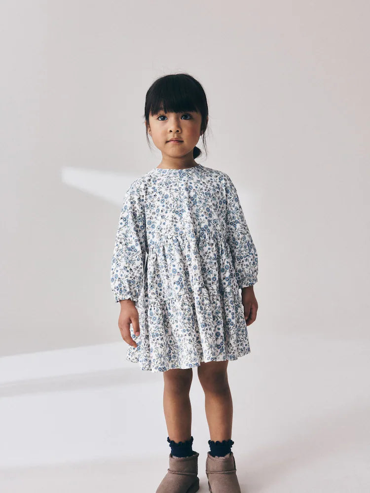|Girl| Vestido de Manga Longa com Babados e Estampa Floral Miúda – Cru e Azul (3 meses a 7 anos)