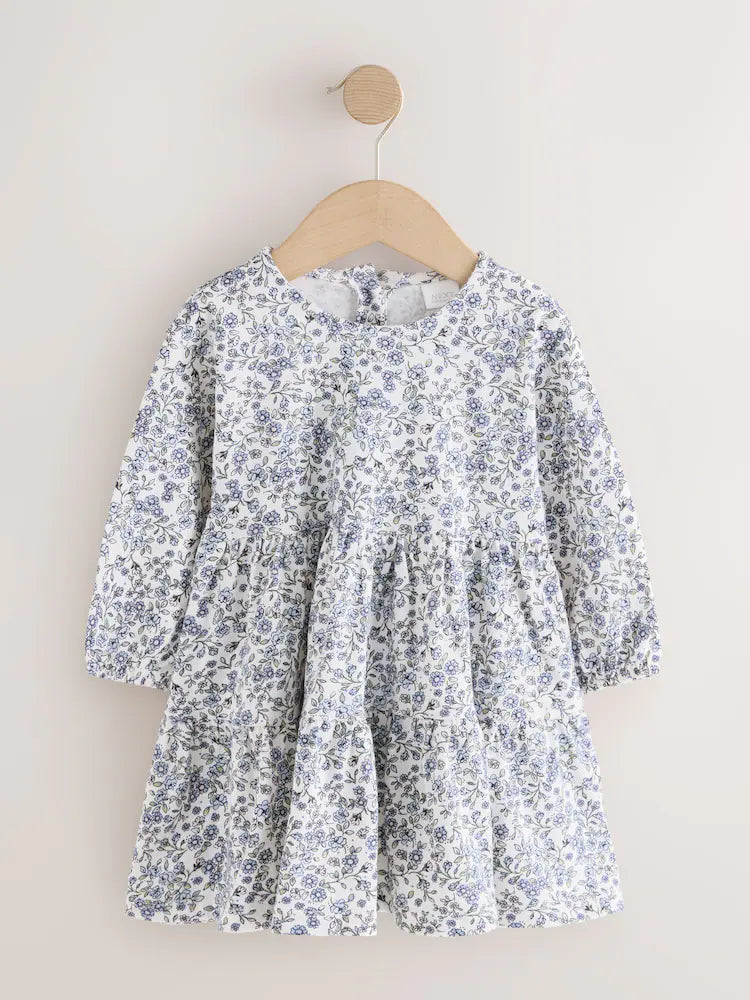 |Girl| Vestido de Manga Longa com Babados e Estampa Floral Miúda – Cru e Azul (3 meses a 7 anos)