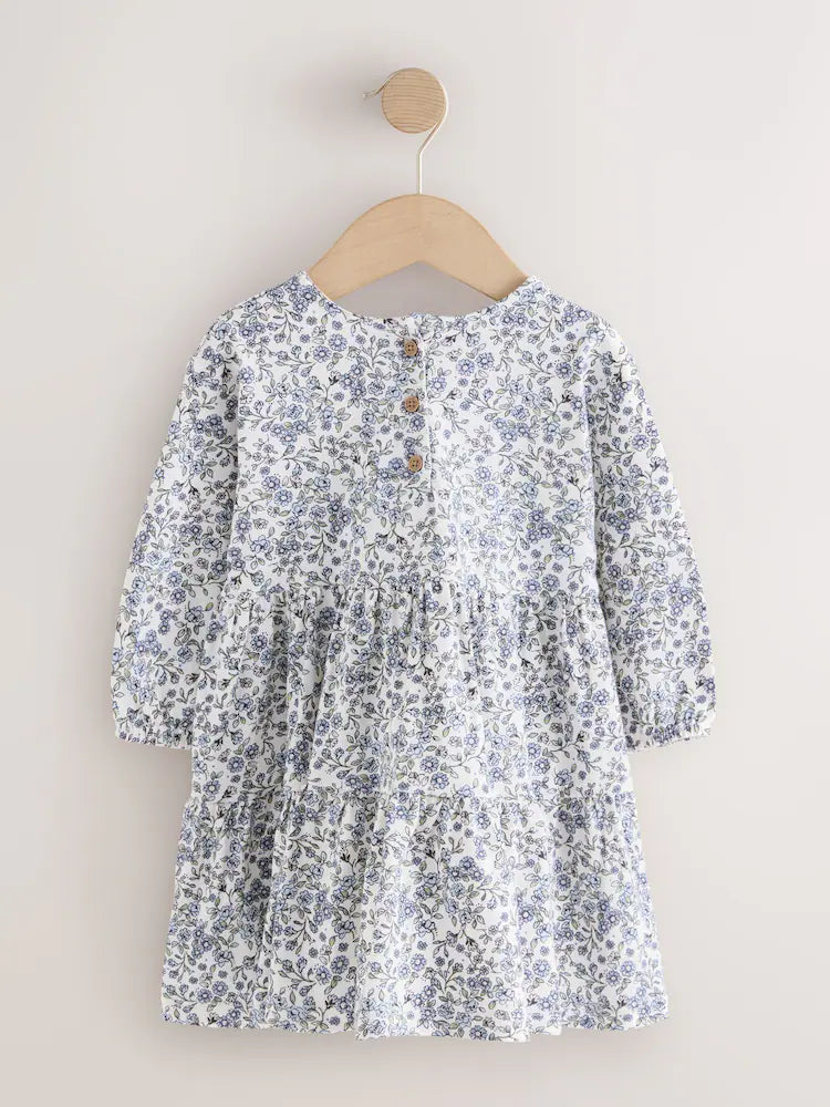 |Girl| Vestido de Manga Longa com Babados e Estampa Floral Miúda – Cru e Azul (3 meses a 7 anos)