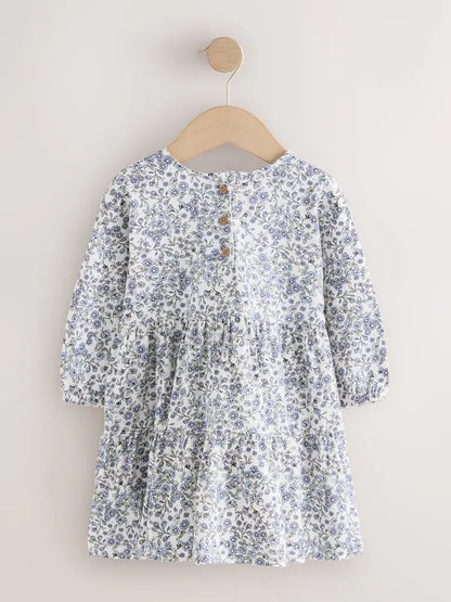 |Girl| Vestido de Manga Longa com Babados e Estampa Floral Miúda – Cru e Azul (3 meses a 7 anos)