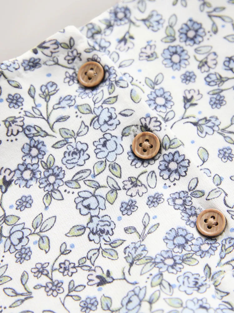 |Girl| Vestido de Manga Longa com Babados e Estampa Floral Miúda – Cru e Azul (3 meses a 7 anos)