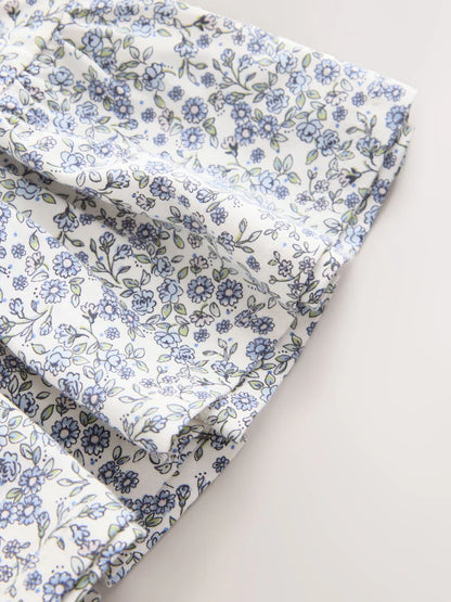 |Girl| Vestido de Manga Longa com Babados e Estampa Floral Miúda – Cru e Azul (3 meses a 7 anos)