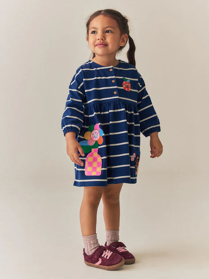 |Girl| Vestido De Malha De Manga Longa Com Listras Azul-Marinho e Estampa de Joaninha (3 meses a 7 anos)