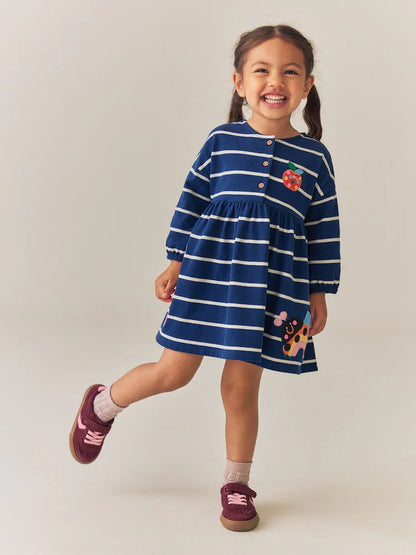 |Girl| Vestido De Malha De Manga Longa Com Listras Azul-Marinho e Estampa de Joaninha (3 meses a 7 anos)