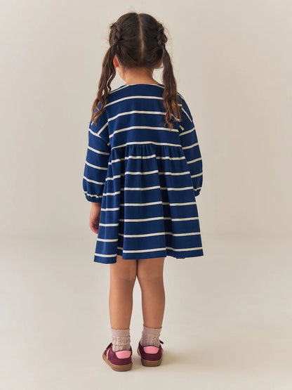 |Girl| Vestido De Malha De Manga Longa Com Listras Azul-Marinho e Estampa de Joaninha (3 meses a 7 anos)