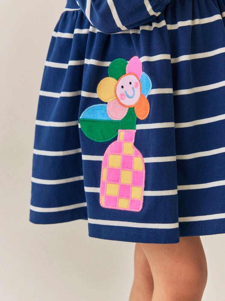 |Girl| Vestido De Malha De Manga Longa Com Listras Azul-Marinho e Estampa de Joaninha (3 meses a 7 anos)