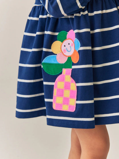 |Girl| Vestido De Malha De Manga Longa Com Listras Azul-Marinho e Estampa de Joaninha (3 meses a 7 anos)