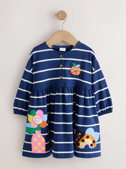 |Girl| Vestido De Malha De Manga Longa Com Listras Azul-Marinho e Estampa de Joaninha (3 meses a 7 anos)