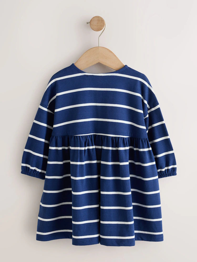 |Girl| Vestido De Malha De Manga Longa Com Listras Azul-Marinho e Estampa de Joaninha (3 meses a 7 anos)