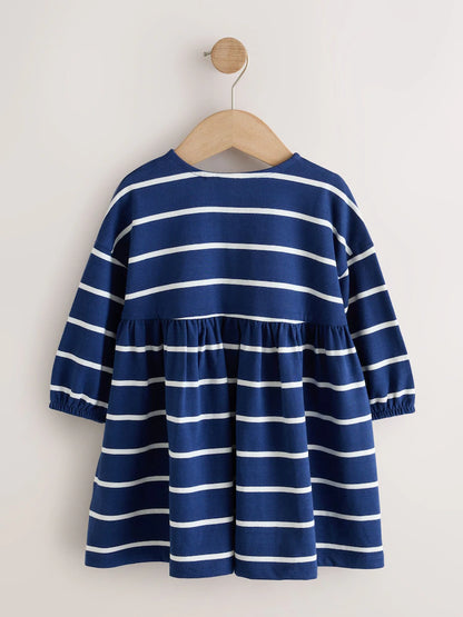 |Girl| Vestido De Malha De Manga Longa Com Listras Azul-Marinho e Estampa de Joaninha (3 meses a 7 anos)