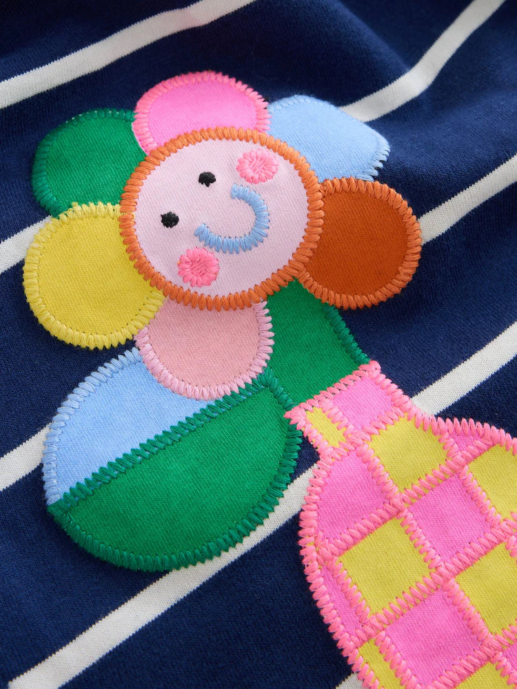 |Girl| Vestido De Malha De Manga Longa Com Listras Azul-Marinho e Estampa de Joaninha (3 meses a 7 anos)