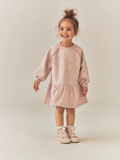 |Girl| Vestido de Moletom Manga Longa Creme com Estampa Floral Miúda (3 meses a 7 anos)