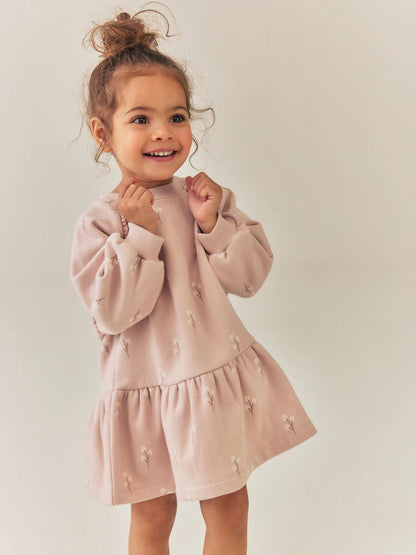 |Girl| Vestido de Moletom Manga Longa Creme com Estampa Floral Miúda (3 meses a 7 anos)