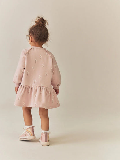 |Girl| Vestido de Moletom Manga Longa Creme com Estampa Floral Miúda (3 meses a 7 anos)