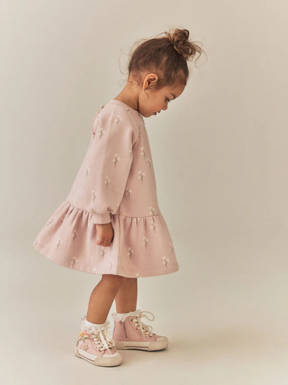 |Girl| Vestido de Moletom Manga Longa Creme com Estampa Floral Miúda (3 meses a 7 anos)