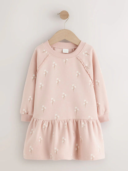 |Girl| Vestido de Moletom Manga Longa Creme com Estampa Floral Miúda (3 meses a 7 anos)