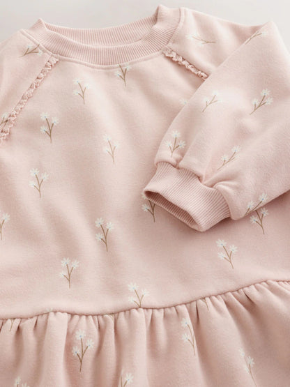 |Girl| Vestido de Moletom Manga Longa Creme com Estampa Floral Miúda (3 meses a 7 anos)