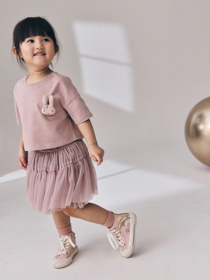 |Girl| Conjunto De Blusa De Manga Curta Rosa Com Detalhe Acolchoado De Coelhinho e Saia De Tule (3 meses a 7 anos)