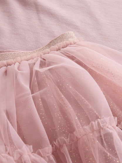 |Girl| Conjunto De Blusa De Manga Curta Rosa Com Detalhe Acolchoado De Coelhinho e Saia De Tule (3 meses a 7 anos)