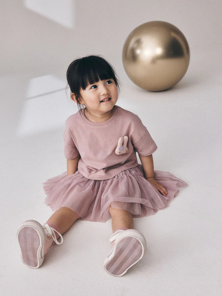 |Girl| Conjunto De Blusa De Manga Curta Rosa Com Detalhe Acolchoado De Coelhinho e Saia De Tule (3 meses a 7 anos)