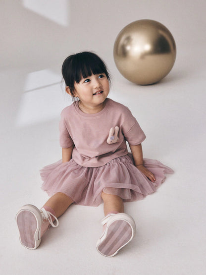 |Girl| Conjunto De Blusa De Manga Curta Rosa Com Detalhe Acolchoado De Coelhinho e Saia De Tule (3 meses a 7 anos)