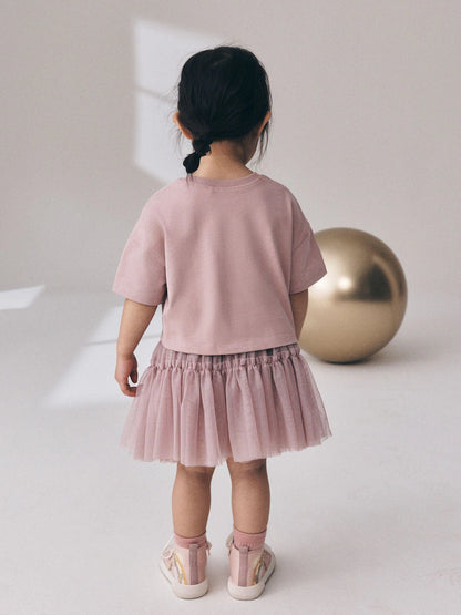 |Girl| Conjunto De Blusa De Manga Curta Rosa Com Detalhe Acolchoado De Coelhinho e Saia De Tule (3 meses a 7 anos)