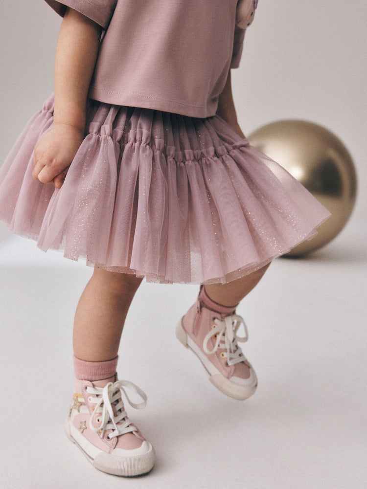 |Girl| Conjunto De Blusa De Manga Curta Rosa Com Detalhe Acolchoado De Coelhinho e Saia De Tule (3 meses a 7 anos)