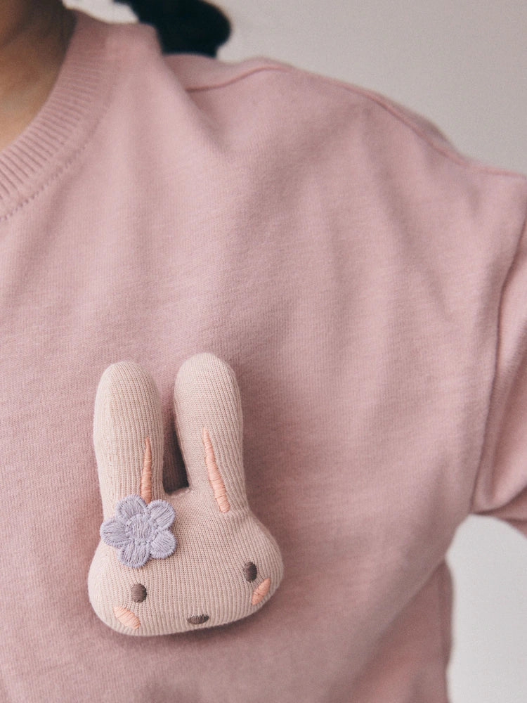 |Girl| Conjunto De Blusa De Manga Curta Rosa Com Detalhe Acolchoado De Coelhinho e Saia De Tule (3 meses a 7 anos)