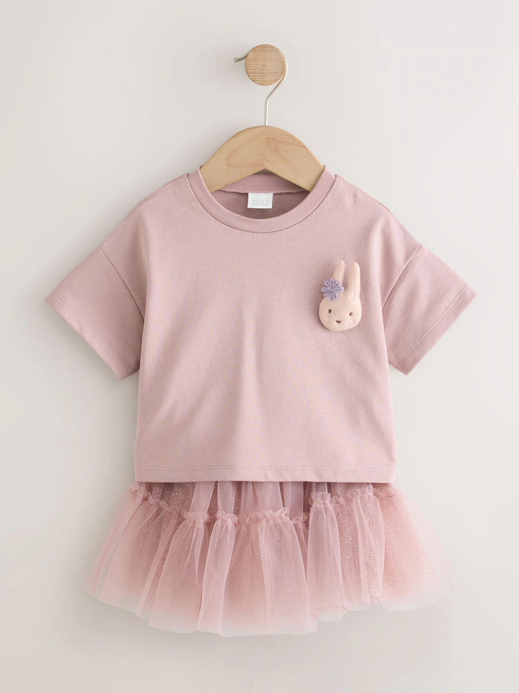 |Girl| Conjunto De Blusa De Manga Curta Rosa Com Detalhe Acolchoado De Coelhinho e Saia De Tule (3 meses a 7 anos)