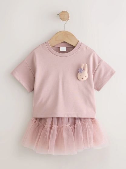 |Girl| Conjunto De Blusa De Manga Curta Rosa Com Detalhe Acolchoado De Coelhinho e Saia De Tule (3 meses a 7 anos)