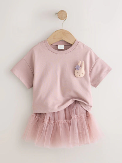 |Girl| Conjunto De Blusa De Manga Curta Rosa Com Detalhe Acolchoado De Coelhinho e Saia De Tule (3 meses a 7 anos)