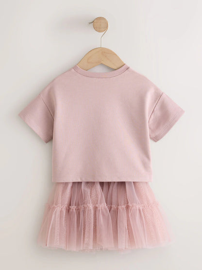 |Girl| Conjunto De Blusa De Manga Curta Rosa Com Detalhe Acolchoado De Coelhinho e Saia De Tule (3 meses a 7 anos)