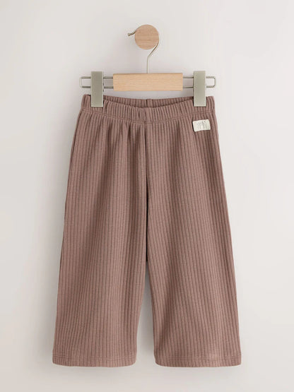 |Girl| Kit com 3 Calças Caneladas Wide Leg (Neutro/Lilás) – 3 meses a 7 anos