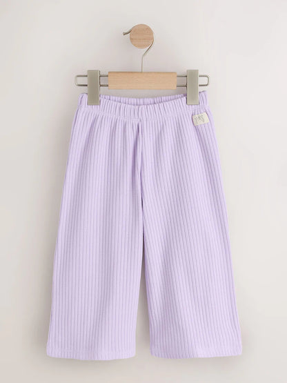 |Girl| Kit com 3 Calças Caneladas Wide Leg (Neutro/Lilás) – 3 meses a 7 anos