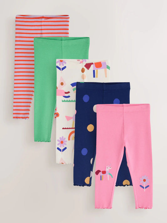 |Girl| Kit com 5 Leggings Caneladas com Estampa de Arco-íris e Cavalo (3 meses a 7 anos)