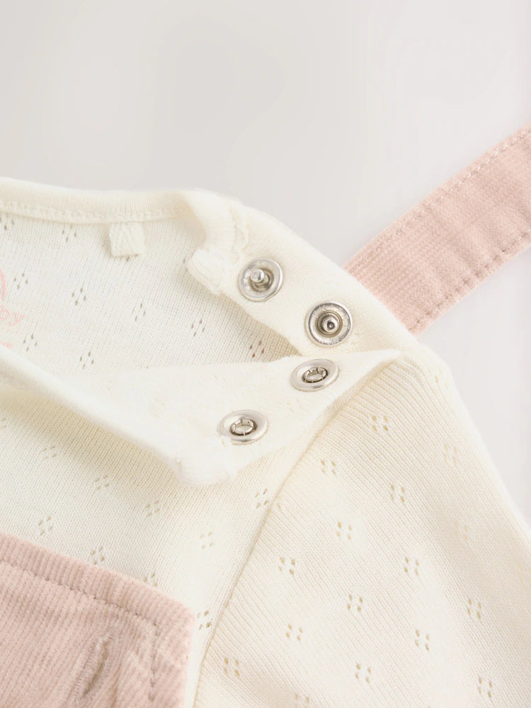 |BabyGirl| Conjunto De 2 Peças: Jardineira De Veludo Cotelê Fino (cor crua) Com Estampa De Coelhinho e Bodies De Manga Longa (0 meses a 2 anos)