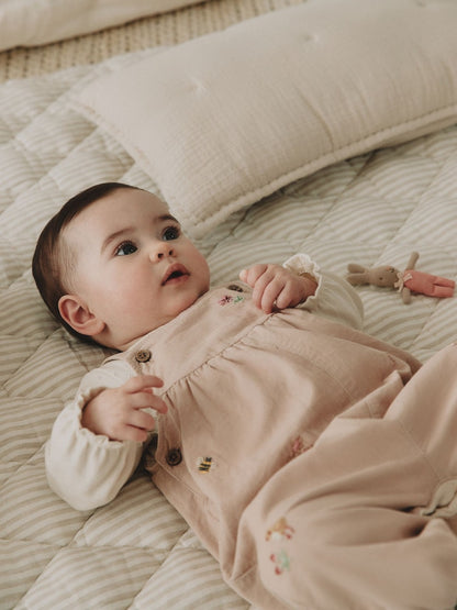 |BabyGirl| Conjunto De 2 Peças: Jardineira De Veludo Cotelê Fino (cor crua) Com Estampa De Coelhinho e Bodies De Manga Longa (0 meses a 2 anos)