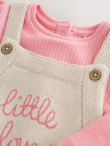 |BabyGirl| Conjunto De 2 Peças: Body e Jardineira De Tricô Na Cor Cru (0 meses a 2 anos)