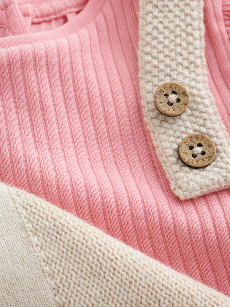 |BabyGirl| Conjunto De 2 Peças: Body e Jardineira De Tricô Na Cor Cru (0 meses a 2 anos)
