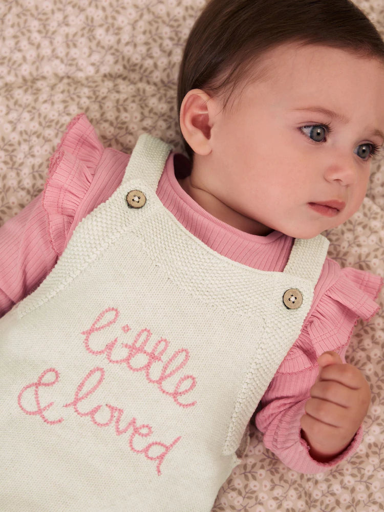 |BabyGirl| Conjunto De 2 Peças: Body e Jardineira De Tricô Na Cor Cru (0 meses a 2 anos)