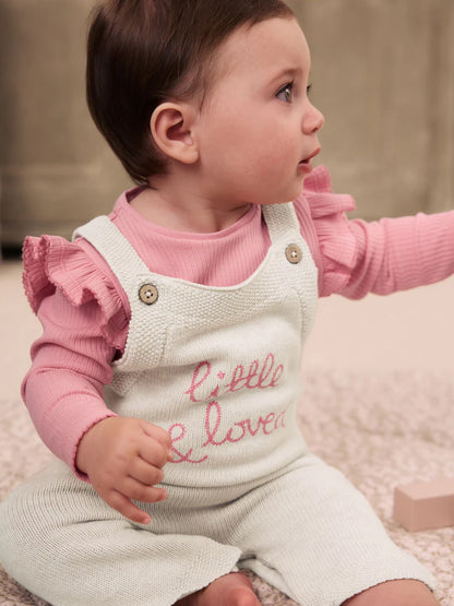 |BabyGirl| Conjunto De 2 Peças: Body e Jardineira De Tricô Na Cor Cru (0 meses a 2 anos)