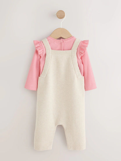 |BabyGirl| Conjunto De 2 Peças: Body e Jardineira De Tricô Na Cor Cru (0 meses a 2 anos)
