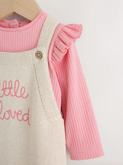 |BabyGirl| Conjunto De 2 Peças: Body e Jardineira De Tricô Na Cor Cru (0 meses a 2 anos)