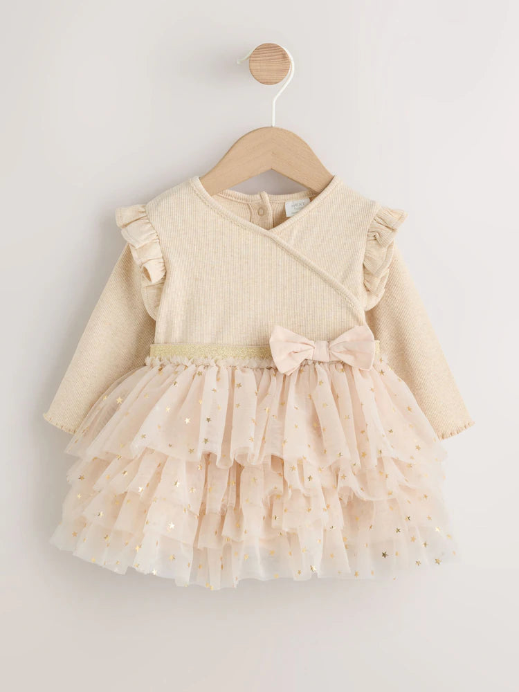 |BabyGirl| Vestido De Tule De Manga Comprida Ecru Star Para Bebê (0 meses a 2 anos)
